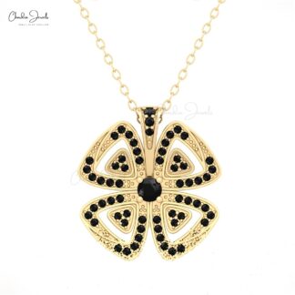 Round Cut Flower Daisy Pendant With 0.34 Ct Black Diamond 14k Solid Gold Handmade Pendants