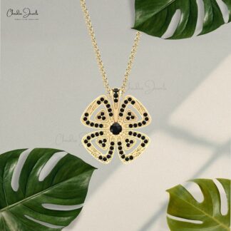 Round Cut Flower Daisy Pendant With 0.34 Ct Black Diamond 14k Solid Gold Handmade Pendants