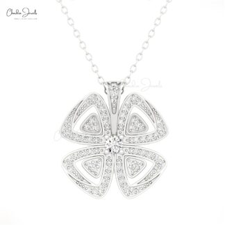 Floral Style Dainty Pendant In 14k Real Gold White Diamond 1.5mm Round Cut Women Necklace