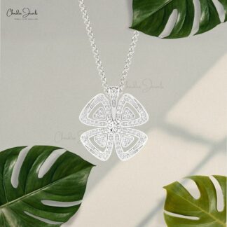 Floral Style Dainty Pendant In 14k Real Gold White Diamond 1.5mm Round Cut Women Necklace