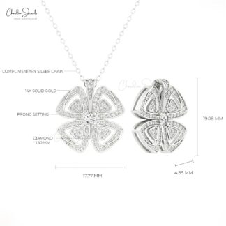Floral Style Dainty Pendant In 14k Real Gold White Diamond 1.5mm Round Cut Women Necklace