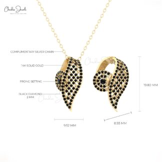 Solid 14k Gold Curved Pendant With 2mm Black Diamond Cluster Hallmarked Necklace For Her