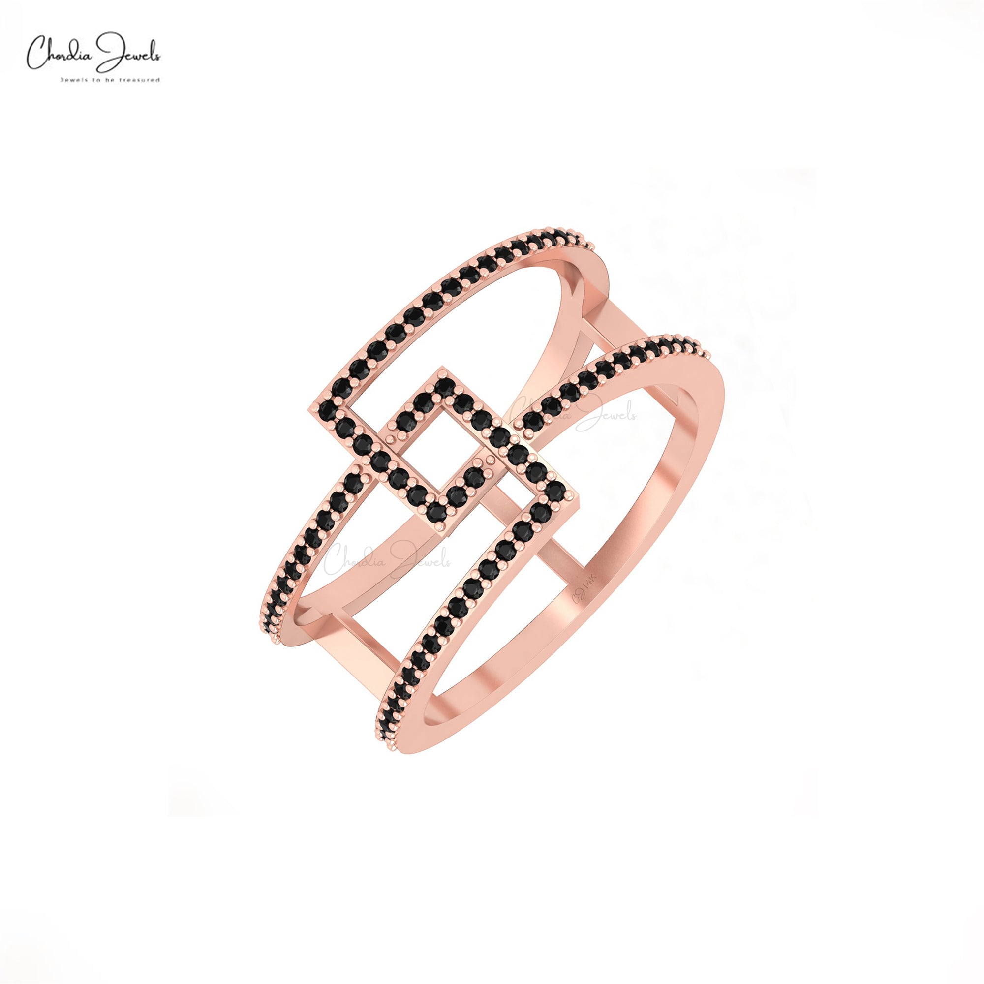 Dual Stackable Bypass Band With 0.30 Ct Black Diamond Pave Set In 14k Solid Gold Ring