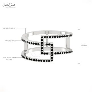 Dual Stackable Bypass Band With 0.30 Ct Black Diamond Pave Set In 14k Solid Gold Ring