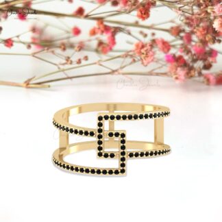 Dual Stackable Bypass Band With 0.30 Ct Black Diamond Pave Set In 14k Solid Gold Ring