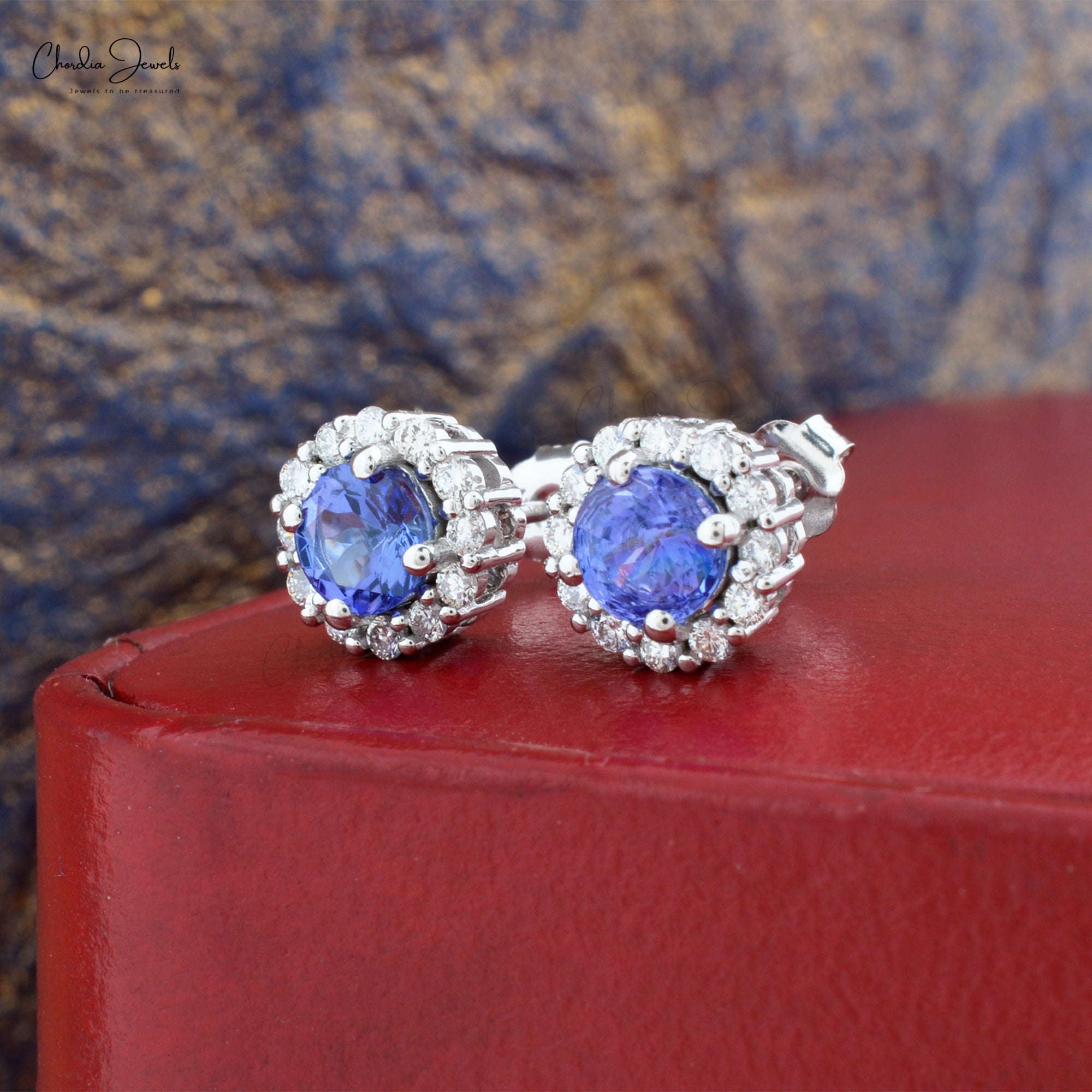 Genuine Tanzanite & Diamond Halo Studs 14k White Gold Push Back Earrings For Wedding Gift