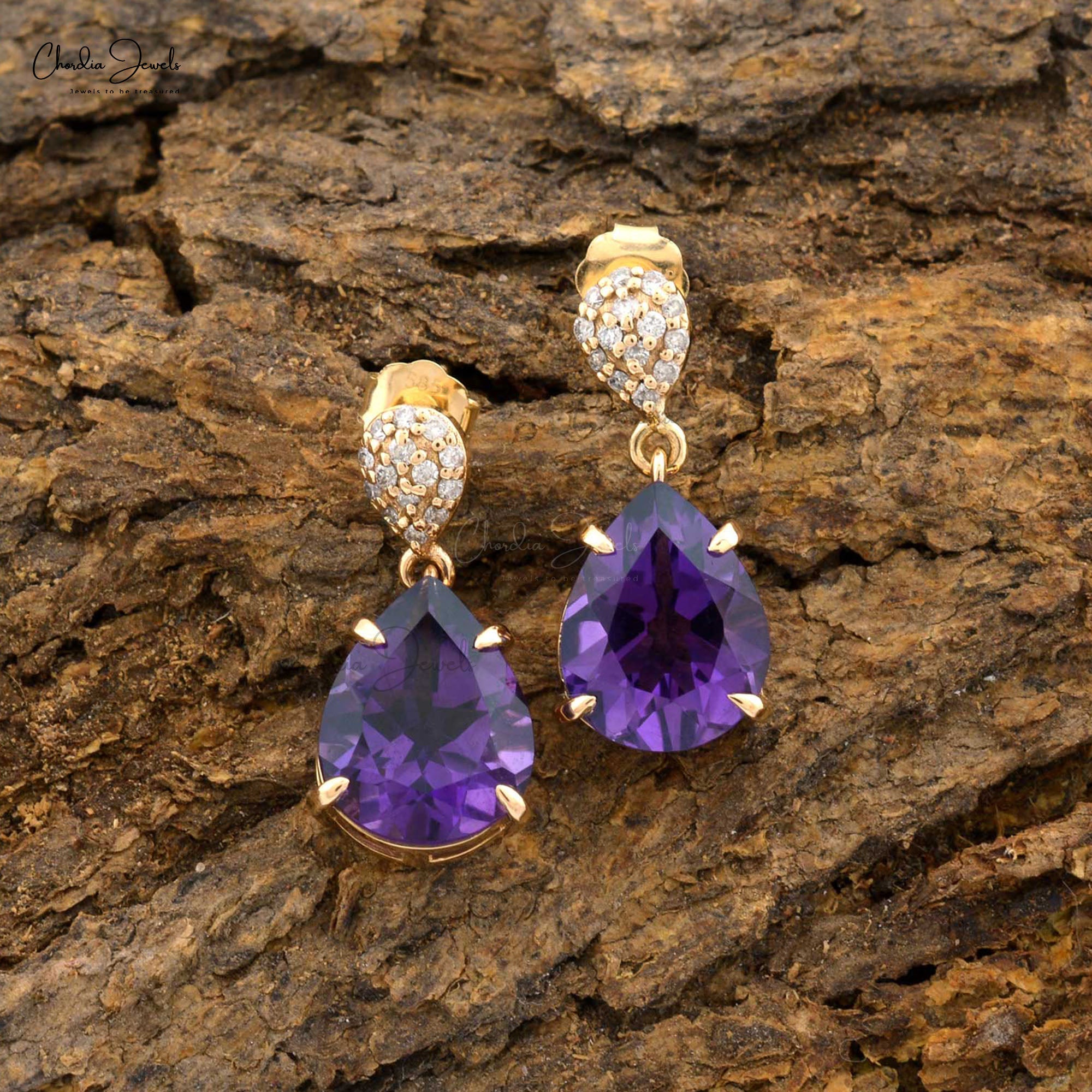 Tear Drop Dangle Earring With 10x8mm Amethyst And Pave Diamond 14k Yellow Gold Earrings