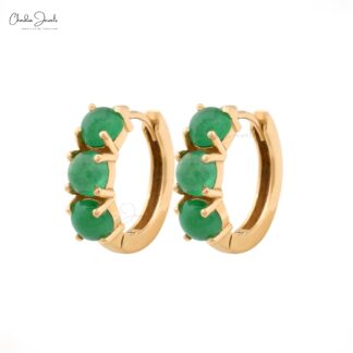 Dainty Huggies Hoops In Solid 14k Yellow Gold Zambian Emerald 3 Stone Latch Back Earrings