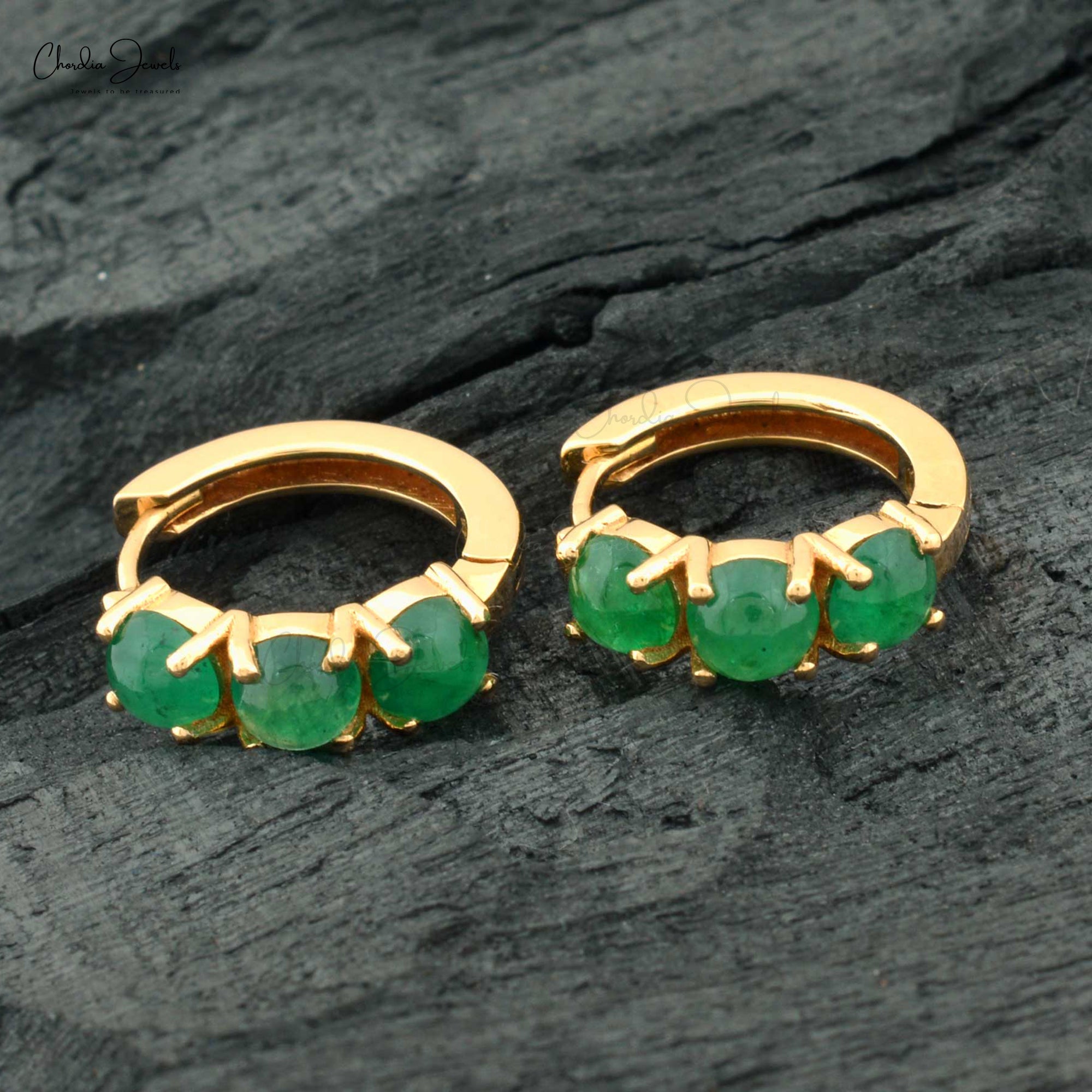 Dainty Huggies Hoops In Solid 14k Yellow Gold Zambian Emerald 3 Stone Latch Back Earrings