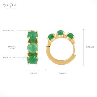 Dainty Huggies Hoops In Solid 14k Yellow Gold Zambian Emerald 3 Stone Latch Back Earrings