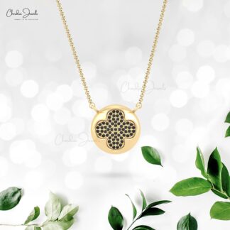 Clover Style Cluster Necklace With 0.26 Ct Black Diamond Chain Necklaces In 14k Real Gold