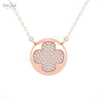 Four Leaf Clover Necklace In 14k Real Gold White Diamond 0.9mm Round Cut Necklaces