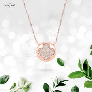 Four Leaf Clover Necklace In 14k Real Gold White Diamond 0.9mm Round Cut Necklaces
