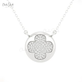 Four Leaf Clover Necklace In 14k Real Gold White Diamond 0.9mm Round Cut Necklaces