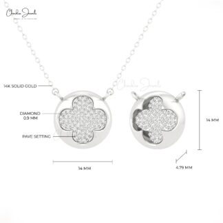 Four Leaf Clover Necklace In 14k Real Gold White Diamond 0.9mm Round Cut Necklaces