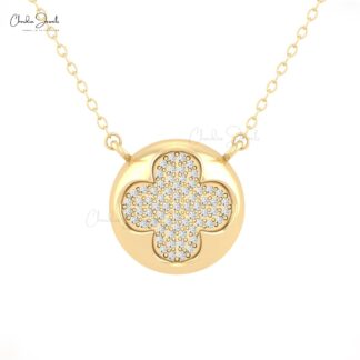 Four Leaf Clover Necklace In 14k Real Gold White Diamond 0.9mm Round Cut Necklaces