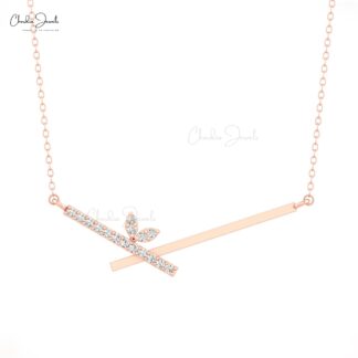 Dainty Chevron Women Necklace In Real 14k Gold Pave G-H Diamond Bar Minimal Jewelry