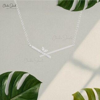 Dainty Chevron Women Necklace In Real 14k Gold Pave G-H Diamond Bar Minimal Jewelry