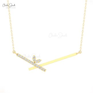 Dainty Chevron Women Necklace In Real 14k Gold Pave G-H Diamond Bar Minimal Jewelry