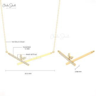 Dainty Chevron Women Necklace In Real 14k Gold Pave G-H Diamond Bar Minimal Jewelry