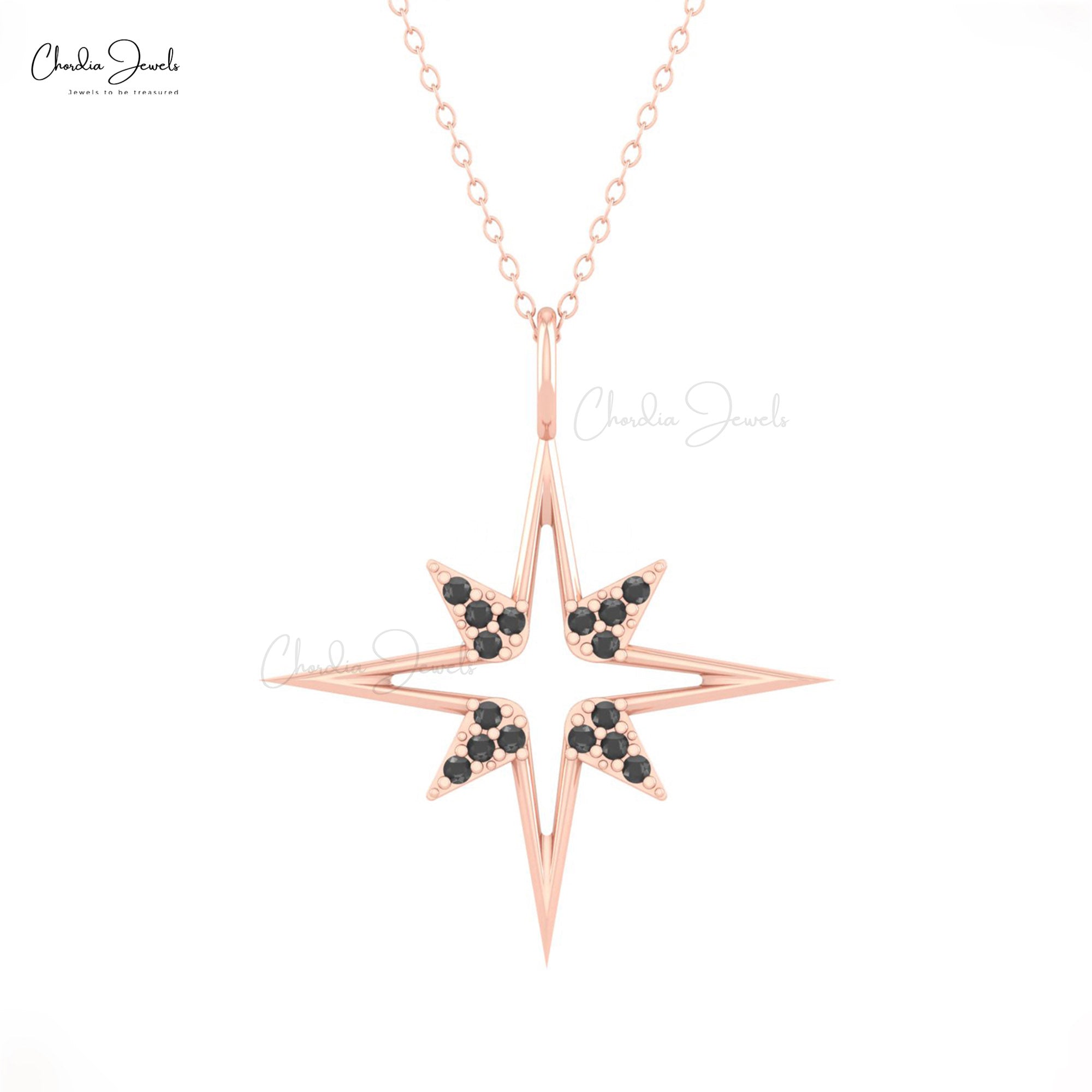 Celestial Star Pendant With 0.24 Ct Black Diamond Pave Set In 14k Gold Cluster Pendants