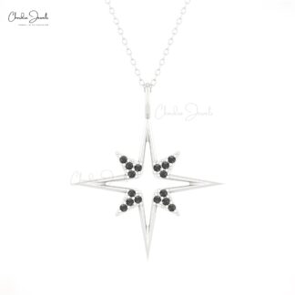 Celestial Star Pendant With 0.24 Ct Black Diamond Pave Set In 14k Gold Cluster Pendants