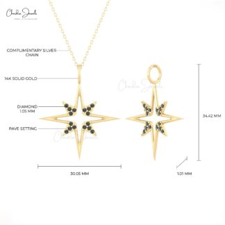 Celestial Star Pendant With 0.24 Ct Black Diamond Pave Set In 14k Gold Cluster Pendants