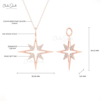 North Star Open Pendant In Solid 14k Gold G-H Diamond April Birthstone Celestial Necklace