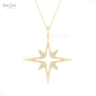 North Star Open Pendant In Solid 14k Gold G-H Diamond April Birthstone Celestial Necklace