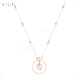 Dangle Halo Chain Necklace With 2mm White Diamond Eternity Necklace In 14k Solid Gold