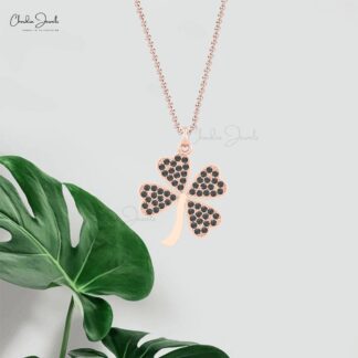 Floral Style Cluster Pendant In Solid 14k Gold Black Diamond Handmade Clover Pendants