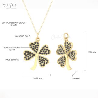 Floral Style Cluster Pendant In Solid 14k Gold Black Diamond Handmade Clover Pendants