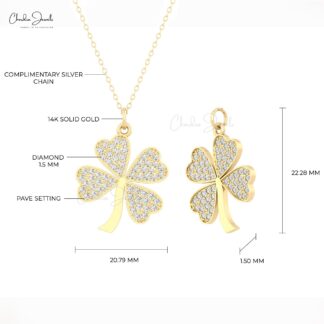 Four Leaf Clover Pendant With 1.5mm Diamond Pave Set In 14k Real Gold Bridal Necklaces