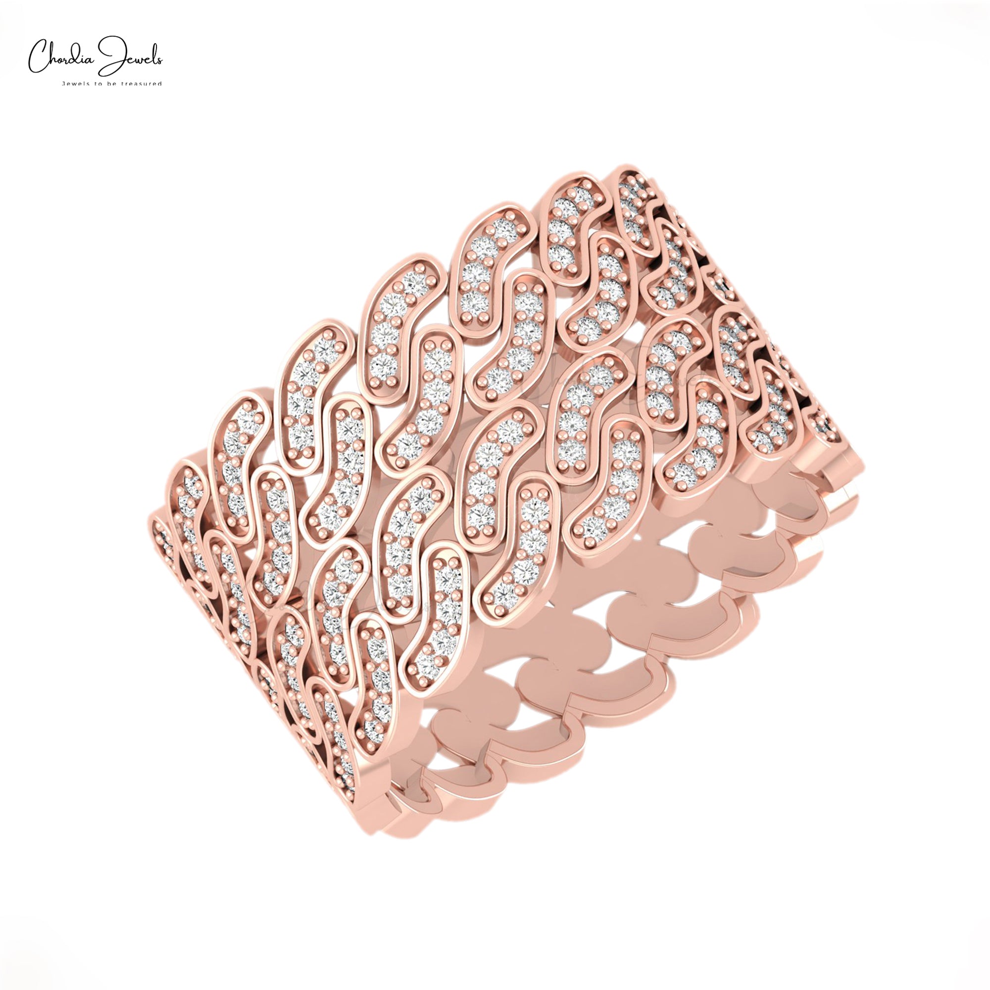 Cuban Link Statement Ring With 0.9mm White Diamond 14k Pure Gold Iced Out Rings For Her