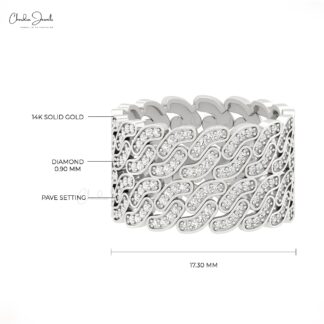 Cuban Link Statement Ring With 0.9mm White Diamond 14k Pure Gold Iced Out Rings For Her