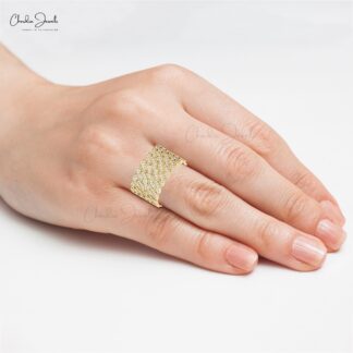 Cuban Link Statement Ring With 0.9mm White Diamond 14k Pure Gold Iced Out Rings For Her