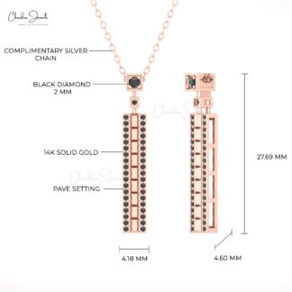 Rectangle Bar Dainty Necklace With 2mm Black Diamond Pave Set In 14k Real Gold Necklaces