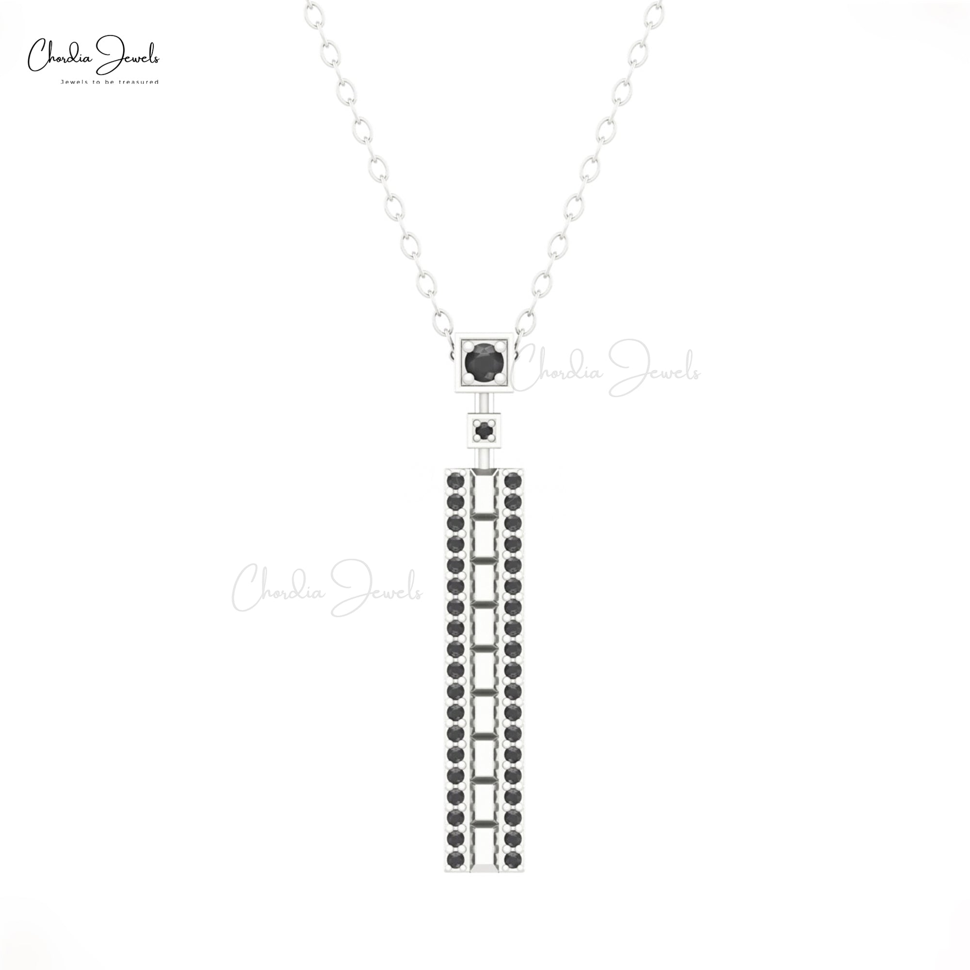 Rectangle Bar Dainty Necklace With 2mm Black Diamond Pave Set In 14k Real Gold Necklaces