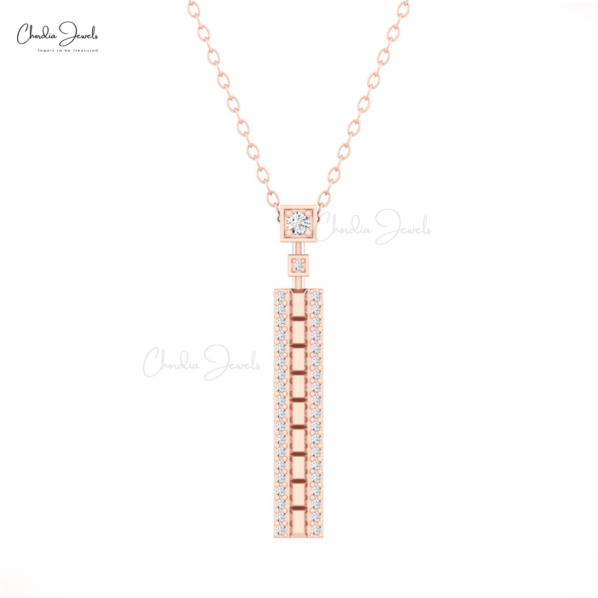 Dainty White Diamond Bar Necklace In Solid 14k Gold Rectangular Hallmarked Fine Jewelry