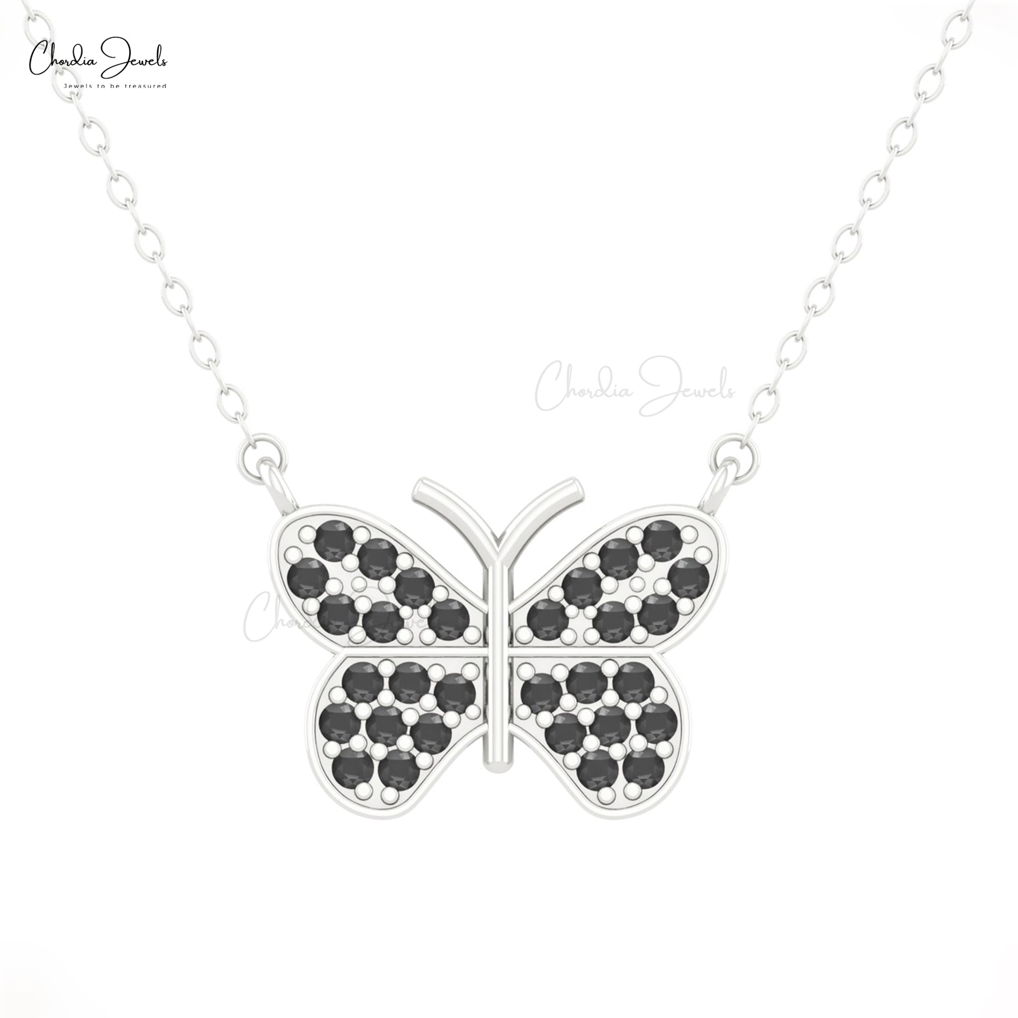 Cluster Thin Chain Necklace With 0.45 Ct Black Diamond Butterfly Necklace In Real 14k Gold