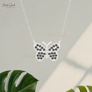 Cluster Thin Chain Necklace With 0.45 Ct Black Diamond Butterfly Necklace In Real 14k Gold