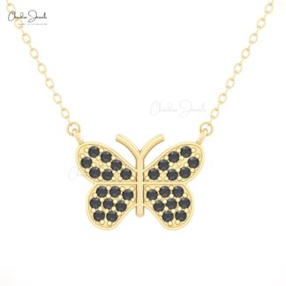 Cluster Thin Chain Necklace With 0.45 Ct Black Diamond Butterfly Necklace In Real 14k Gold