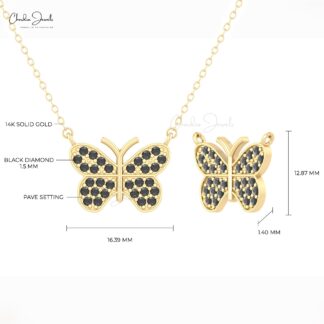 Cluster Thin Chain Necklace With 0.45 Ct Black Diamond Butterfly Necklace In Real 14k Gold