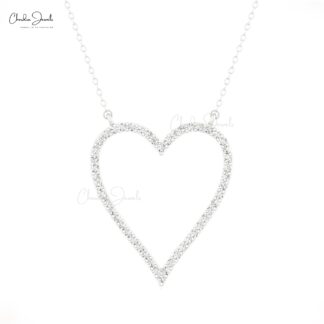 Pave Open Heart Necklace In Pure 14k Gold G-H Diamond 0.75 Ct Round Cut Love Necklaces