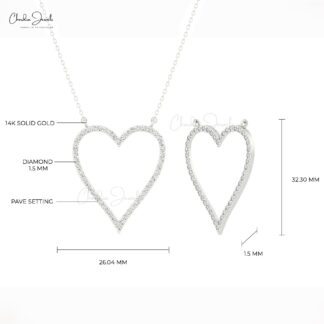 Pave Open Heart Necklace In Pure 14k Gold G-H Diamond 0.75 Ct Round Cut Love Necklaces