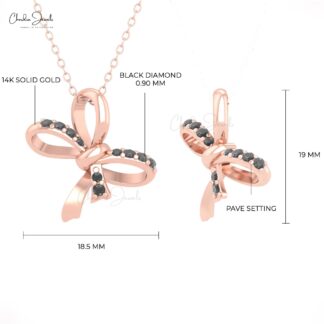 Tie Shape Twisted Pendant With 0.23 Ct Black Diamond Pave Set In 14k Gold Ribbon Jewelry