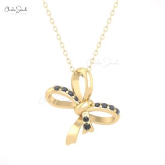 Tie Shape Twisted Pendant With 0.23 Ct Black Diamond Pave Set In 14k Gold Ribbon Jewelry