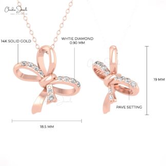 Ribbon Bow Curved Pendant In Solid 14k Gold G-H Diamond Hallmarked Twisted Necklace