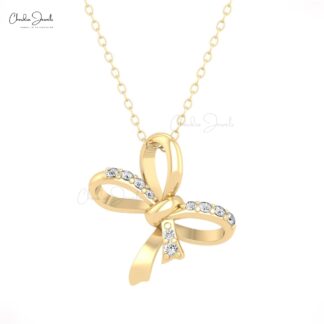 Ribbon Bow Curved Pendant In Solid 14k Gold G-H Diamond Hallmarked Twisted Necklace