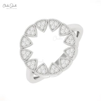 Round Cut Sun Starbust Ring With 0.9mm White Diamond Handmade Rings In 14k Real Gold